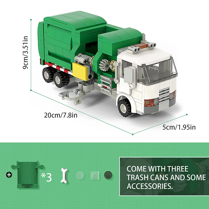 

High-Tech Car Blocks Green White Garbage Truck Moc City Clean Sanitation Vehicle Model Bricks Educational Toys For Children Gift