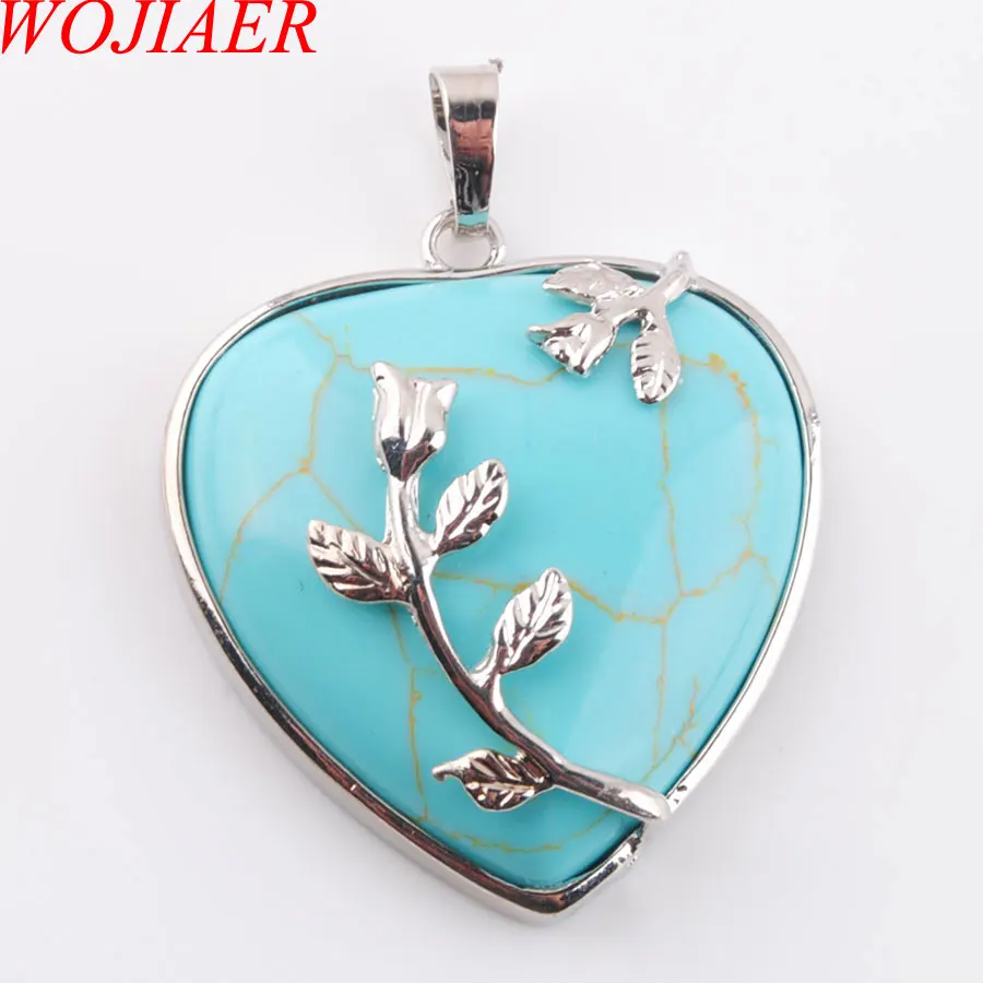 Turquoise Натуральные драгоценные камни, бусины, сердце, посеребренный цветок, целительная Рейки Чакра, ожерелья с подвесками, 1 шт., ювелирные изделия PBN316 - Окраска металла: Turquoise