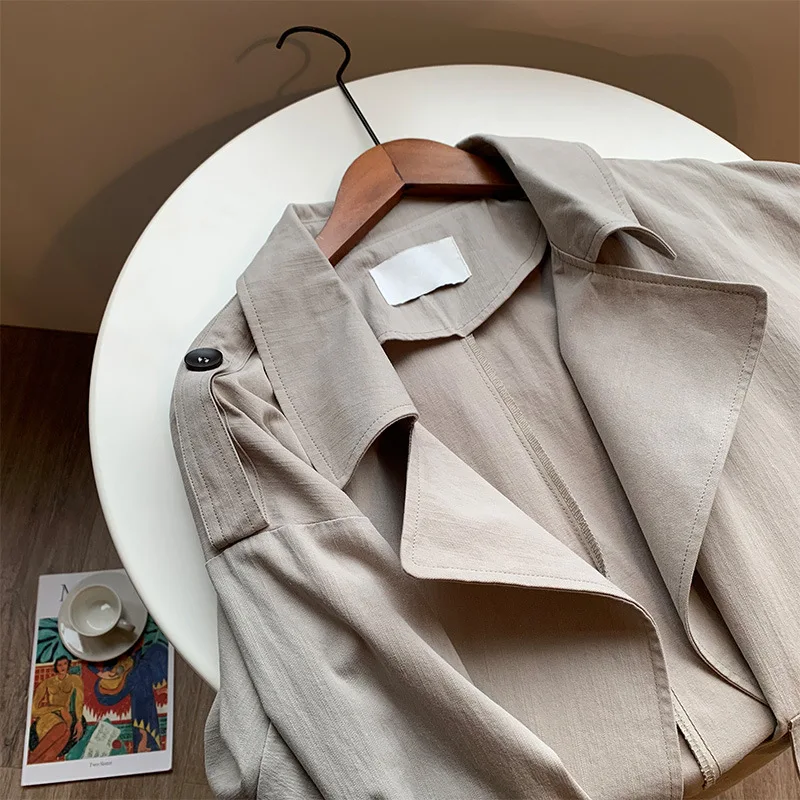 

Women's Solid Long Sleeve Over Knee Overcoat Female Trench Spring New Washed Cotton Medium Length Temperament Windbreaker