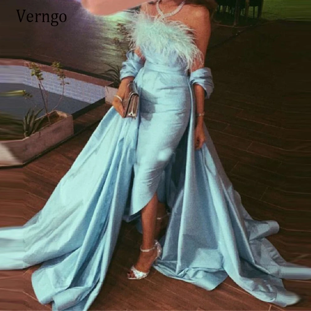 Verngo 2021 Saudi Arabia Baby Blue Prom Dresses With Detachable Train Sleeves Satin Feather Tea Length Mermaid Evening Gowns