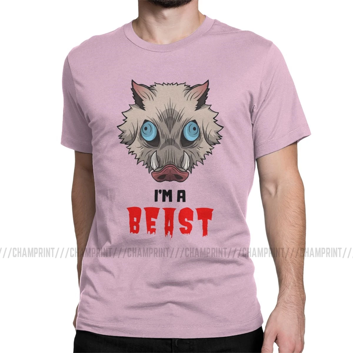 Футболка с надписью «I'm A Beast Hashibira Inosuke» для мужчин, хлопковая Футболка с юмором, футболка с героями аниме «Demon Slayer», футболки с короткими рукавами, одежда в подарок - Цвет: Розовый