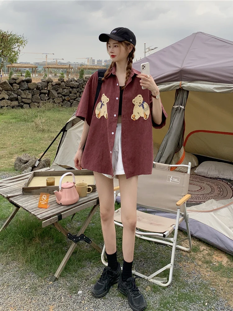 

Women's Blouses Casual Polo Shirt New Korean Fashion Short Sleeve Top Print Retro Loose Plus Size Shirts Summer Houthion