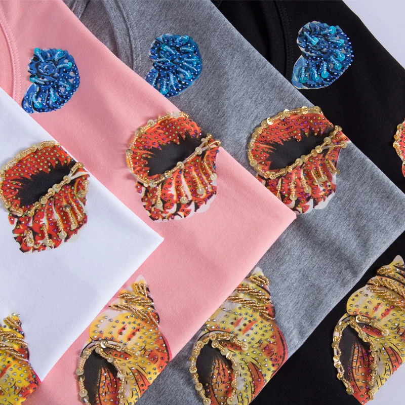 

Lovely Cotton O Neck 3D Diamond T Shirts For Woman 2020 Summer Female Tees Short Sleeve Slim Ladies Tops Z30