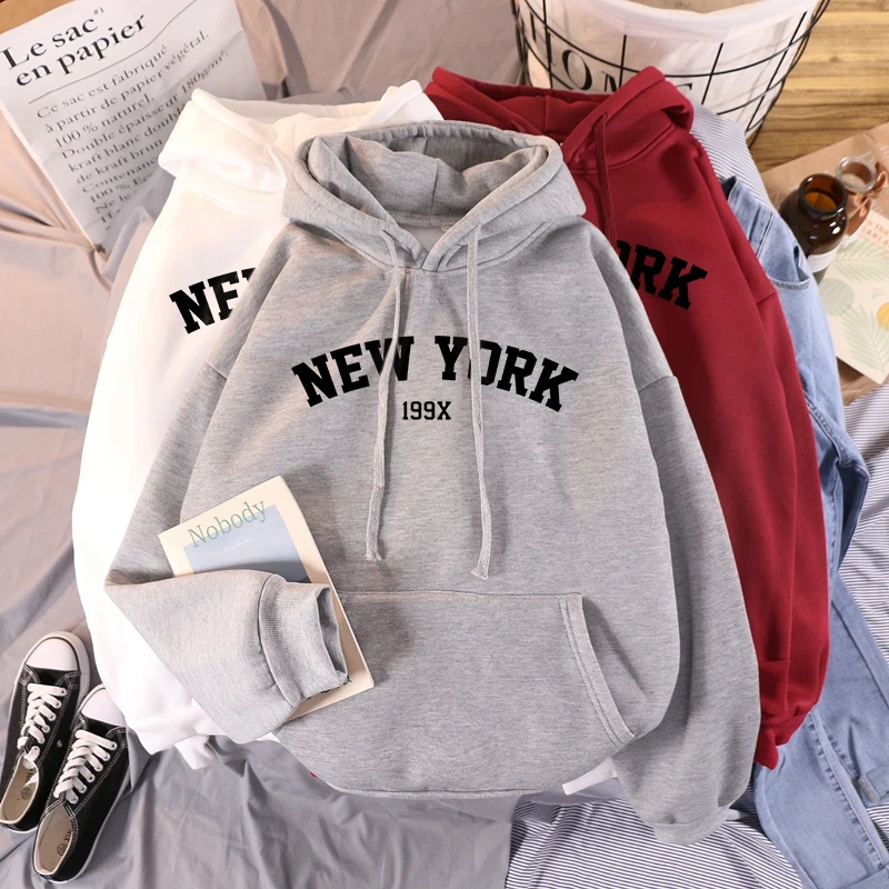 

Female 2020 Thicken Warm Hoodies Lady Autumn Tops NEW Sweatshirts Velvet Winter Women's NEW YORK Printing Hooded Hoodies