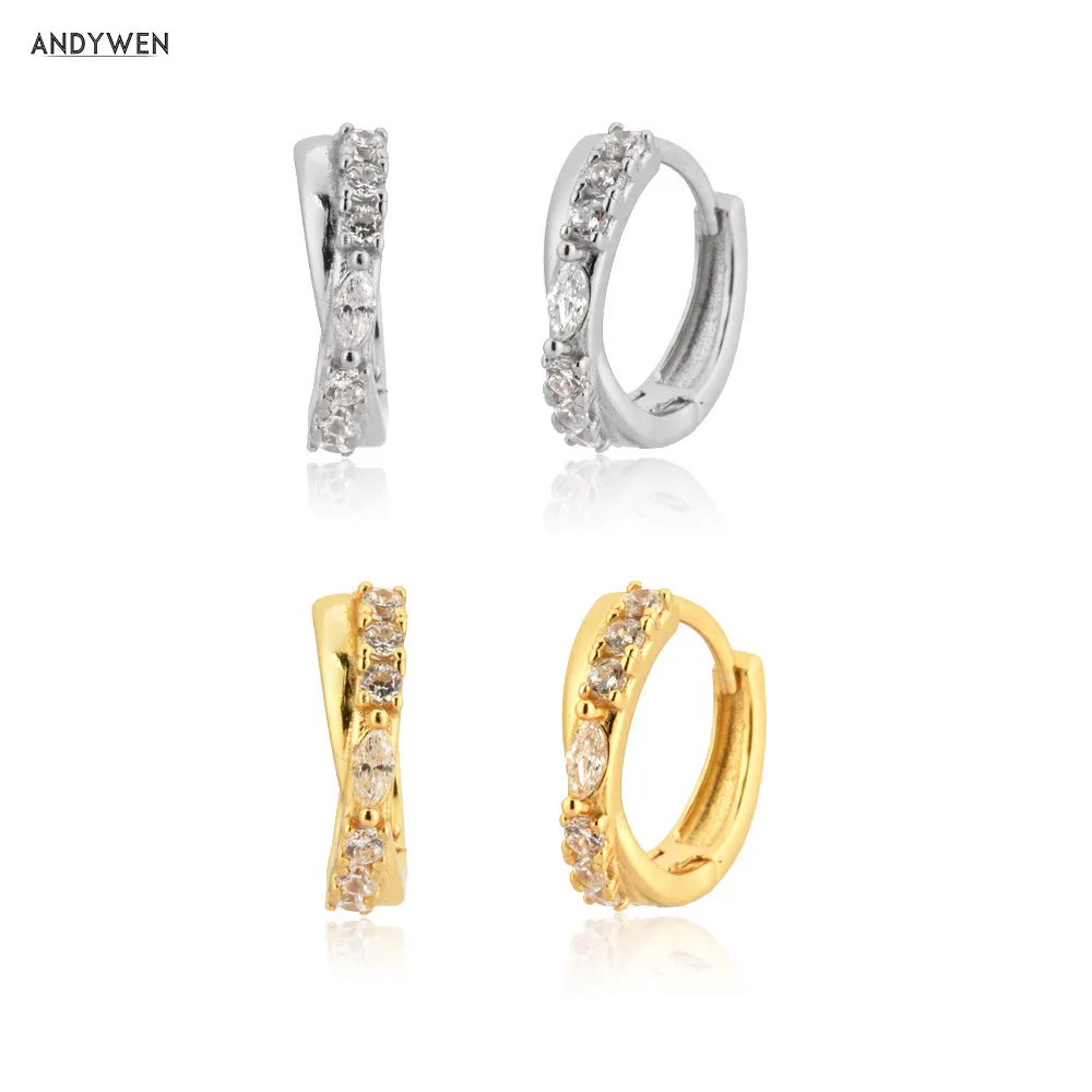 

ANDYWEN 925 пробы серебряные золотые двойные линии крест Huggies Циркон CZ овальные петли круглые кольца роскошные изысканные ювелирные изделия 2021 Р...