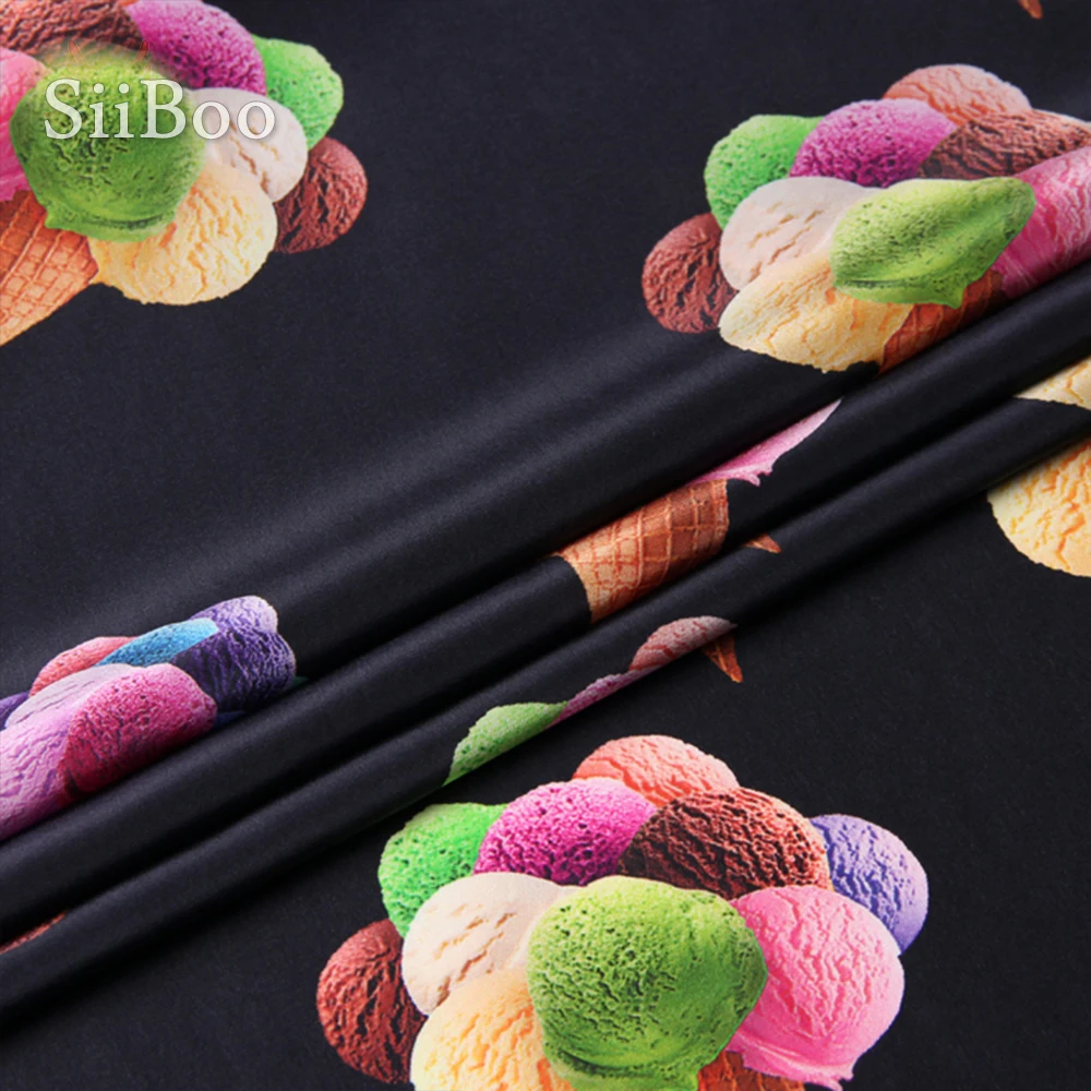 Черно белая ткань из 100% шелка с принтом мороженого для платья рубашки