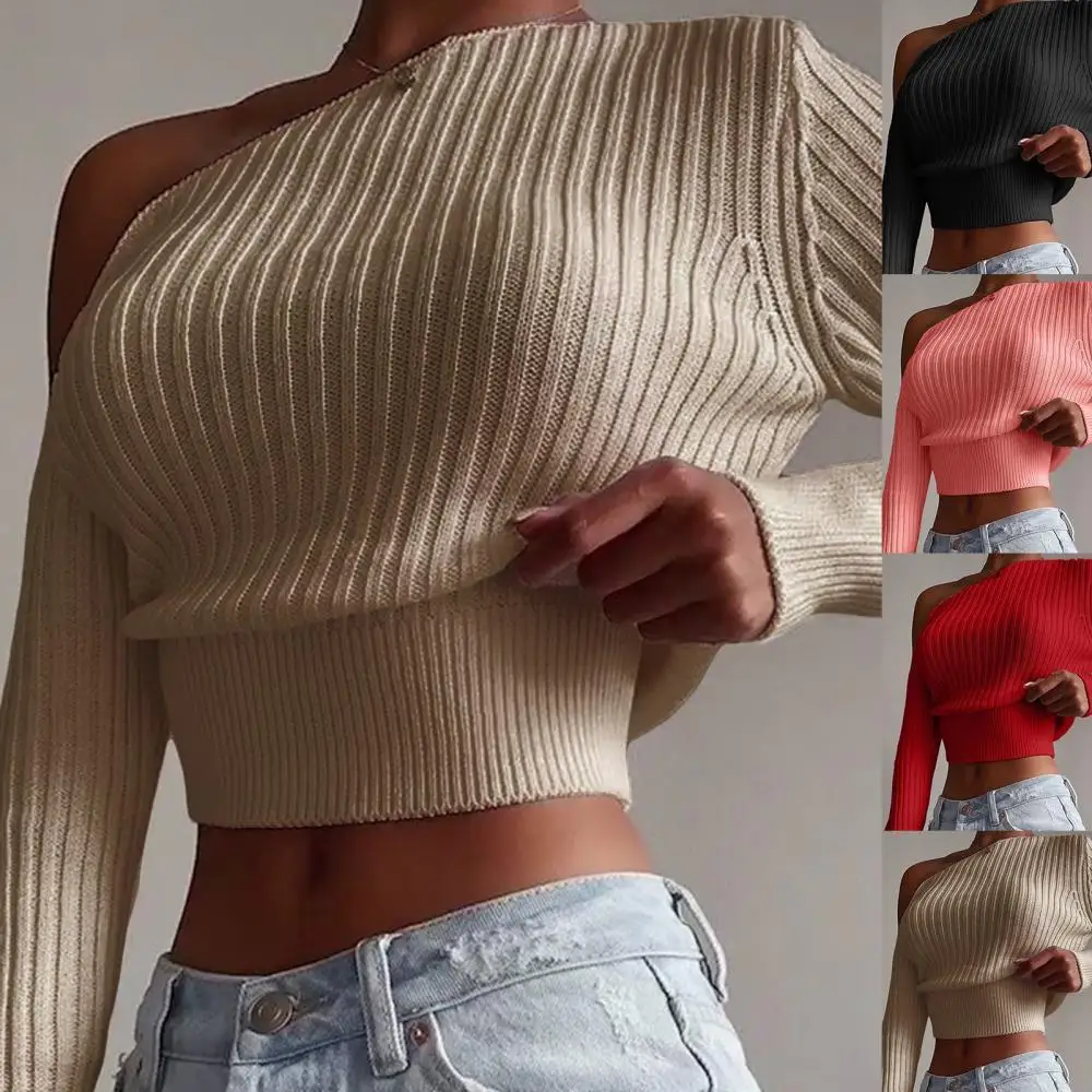 

Горячая Распродажа, Женский пикантный теплый зимний мягкий удобный свитер с открытыми плечами, однотонный вязаный пуловер в рубчик с длинн...