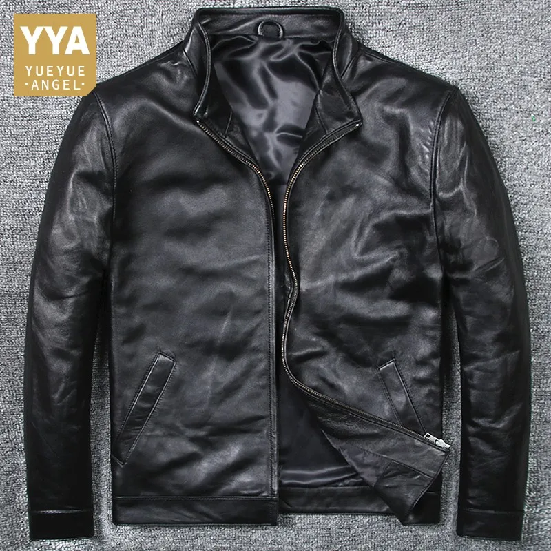 Мужская мотоциклетная кожаная куртка с воротником-стойкой Классическая