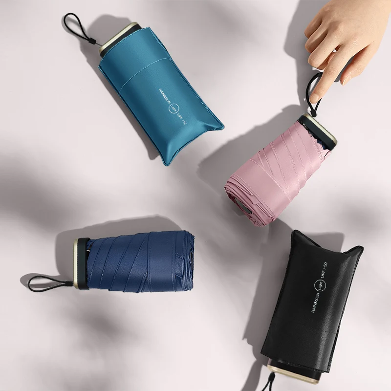 

Flat Sun Umbrella Outdoor Windproof 6 Ribs Mini Umbrellas Rain Women UV Protection Five Folding Umbrella Black Coating Parasol