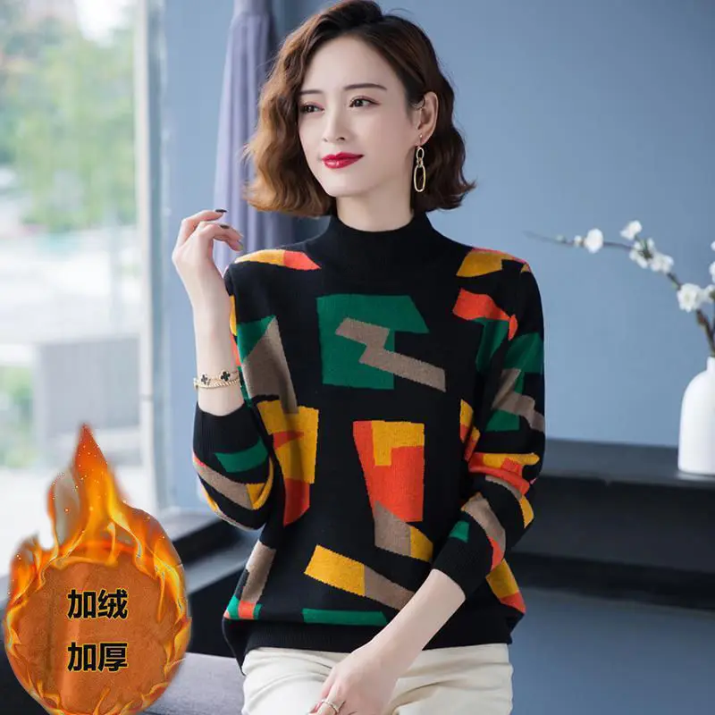 

Autumn and Winter 2021 Women's high-necked leisure sweater with thick fleece warm long-sleeve undershirt