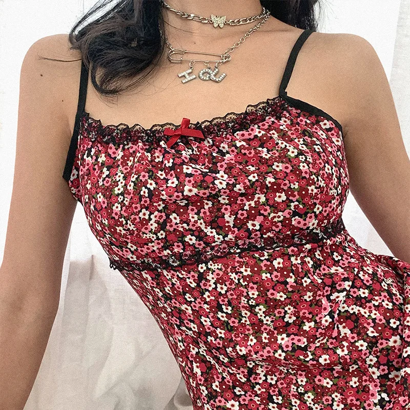 Е для девочек на рост от 90s Спагетти ремень с кружевом Платье цветочным узором