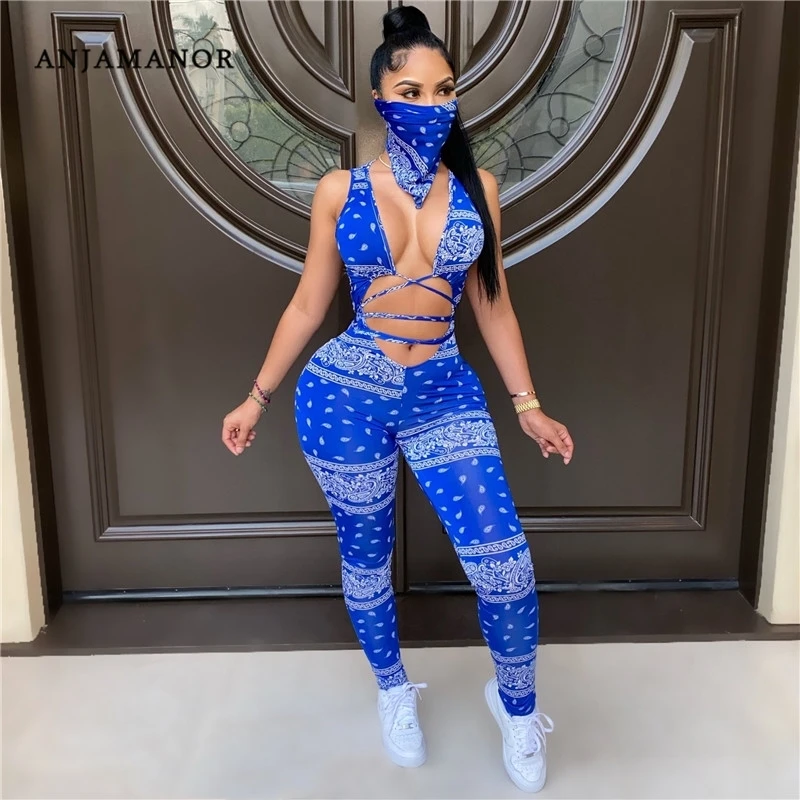 ANJAMANOR Bandana Jumpsuits for Women 2020 Clubwear Sexy One Piece Outfit Plus Size V Neck Hollow Out Bodycon Rompers D42-CB28 | Женская