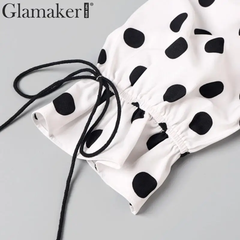 Glamaker, блузка в горошек с оборками, рубашка, Женская Осенняя блузка на шнуровке, укороченный топ, новинка, топ с пышными рукавами и квадратным воротником, зимний