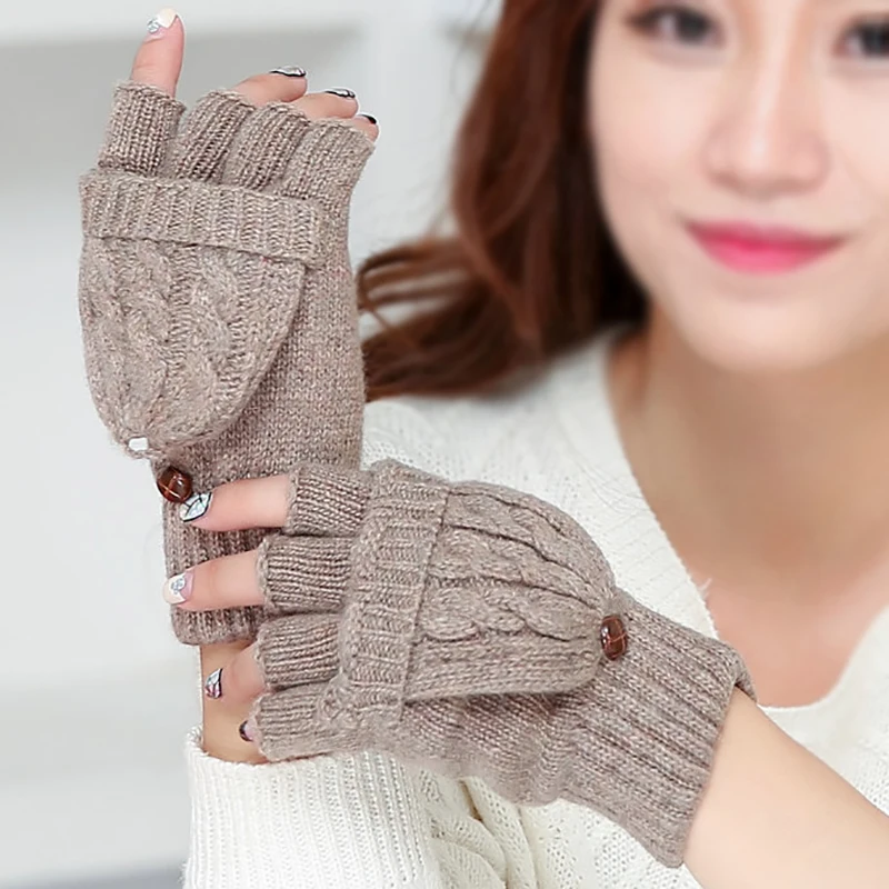 Wool Knitted Fingerless Flip Gloves Winter Warm Finger Free Touchscreen Gloves Women Men Unisex Exposed Finger Mittens Glove