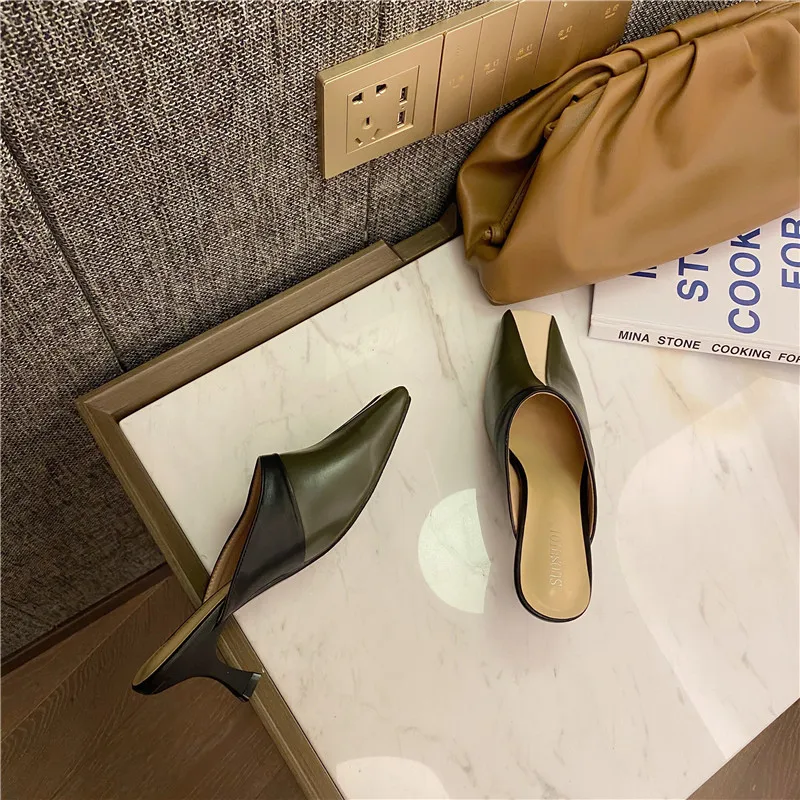 

Square Toe Shoes Woman 2021 Thin Heels Slippers Soft Heeled Mules Luxury Slides Med Comfort High Designer Cover Basic Rome Scand