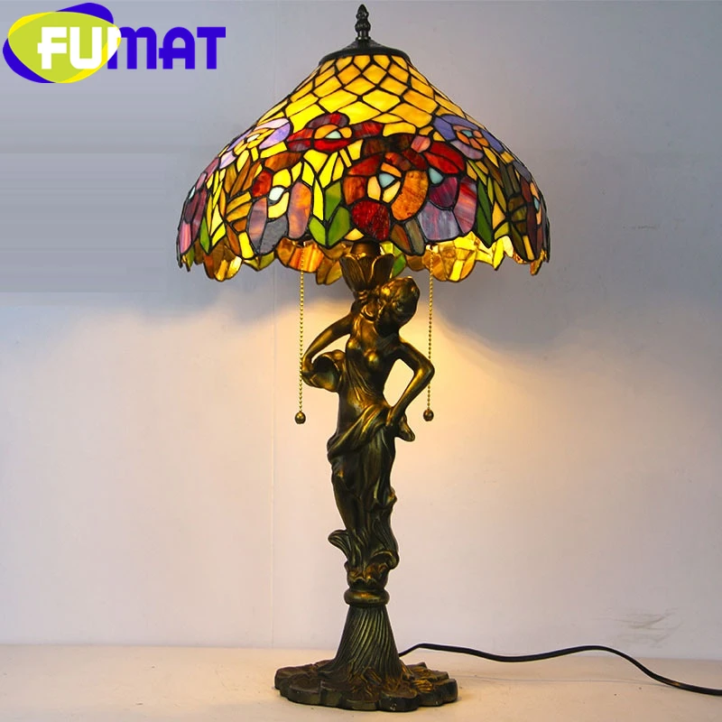 FUMAT Tiffany Style Table Lamp Stained Glass Angel Resin Multicolor Rose Flower Desk Light Home Decor Handcraft Art Lighting LED | Лампы и