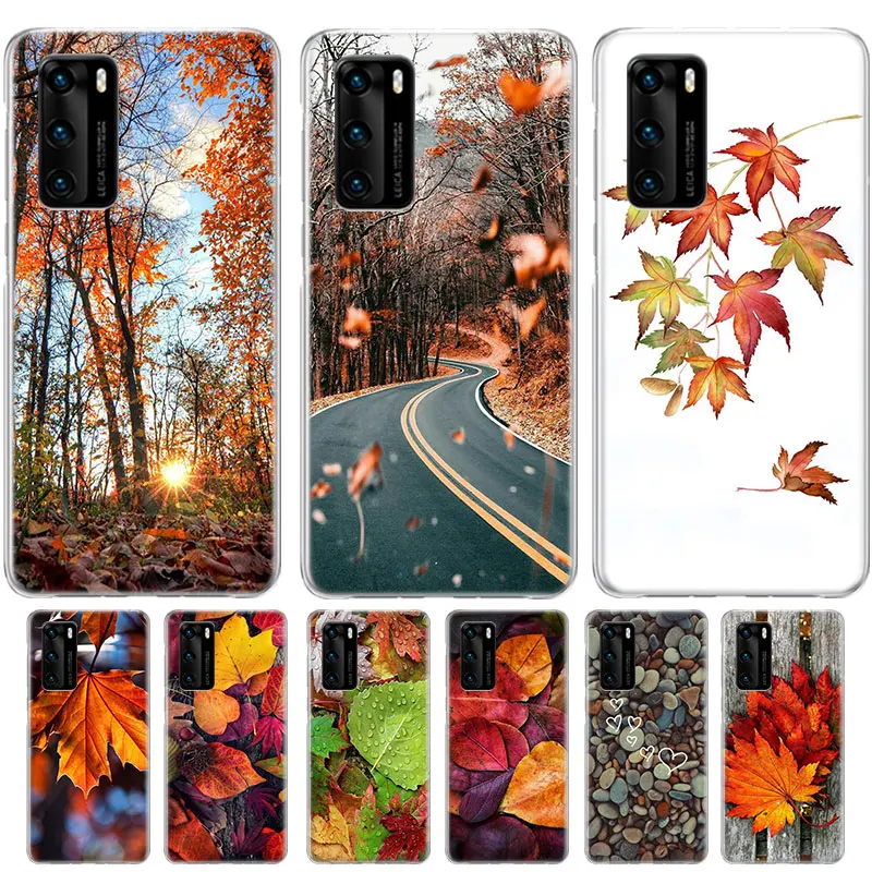 

Case For Huawei P50 P40 lite P30 P20 Pro P10 mobile Silicone Soft TPU Transparent Dirt-Resistant Shell Autumn Maple Leaf Cover