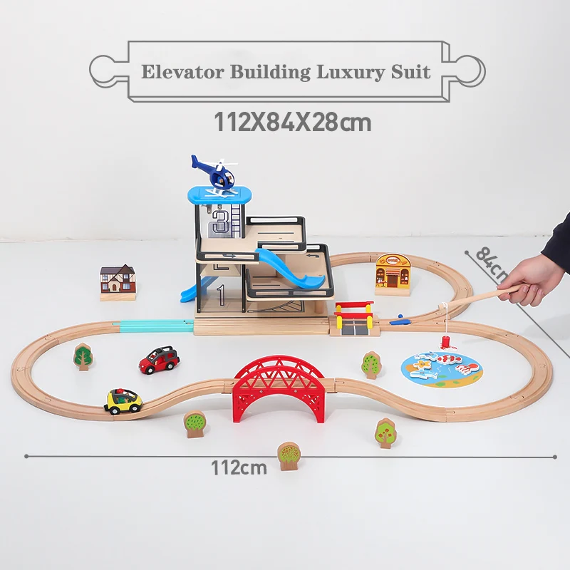 

Wooden Railway Track Parking Lot Wooden Train Track Car Set Car Fire Truck Parking Garage Elevator Building Children Day Gift