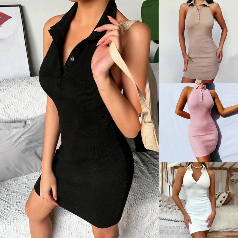 

Women Summer Sleeveless Halter Neck Lapel Button Up Bodycon Mini Dress Solid Color Ribbed Knitted Backless Clubwear