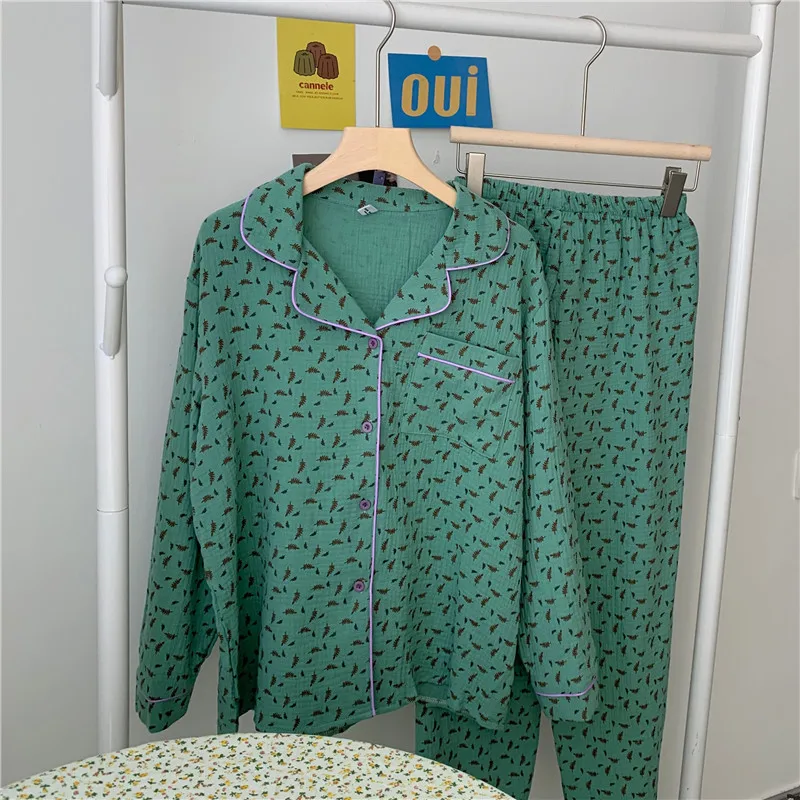 

Harajpee Retro 2 Piece Set Pajamas Korean Back To The Basics Turn-down Collar Pure Cotton Green Sleepwear Housewear 2021 New
