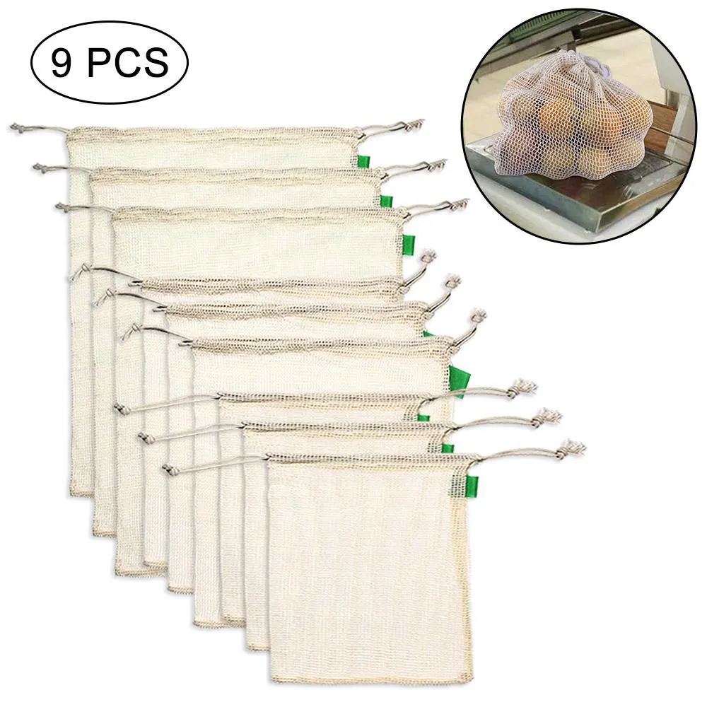 

9pcs/set Premium Organic Cotton Mesh Produce Bags Reusable Washable Storage Drawstring Bag for Shopping, Grocery,Fruit Vegetable