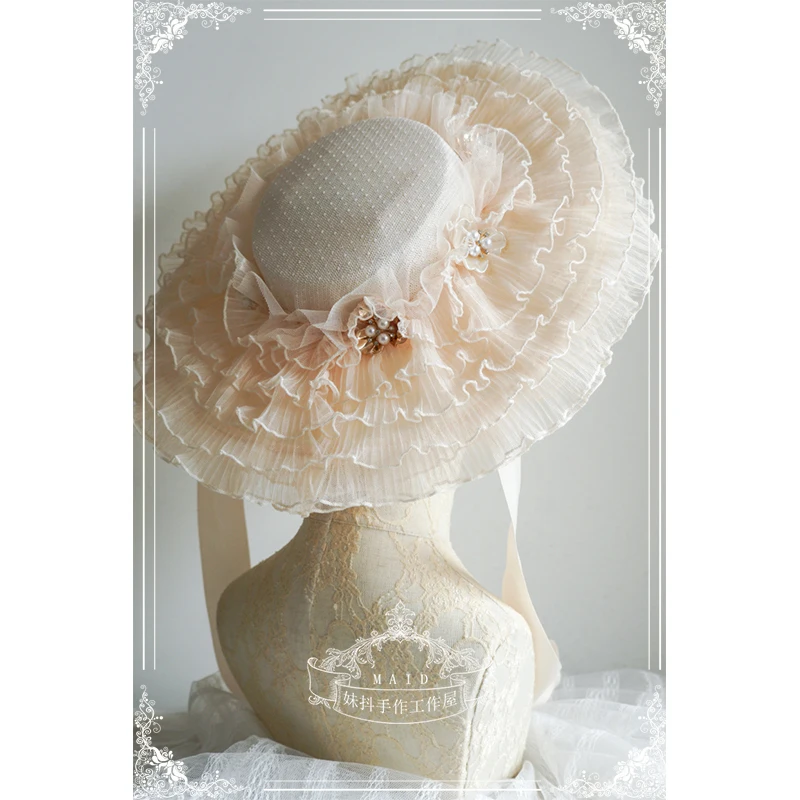 

Japanese Girl Original Design Lolita Handmade Generate Color Straw Hat Antique Flat Cap Soft Sister Cute Lace Pearl Dome Cap