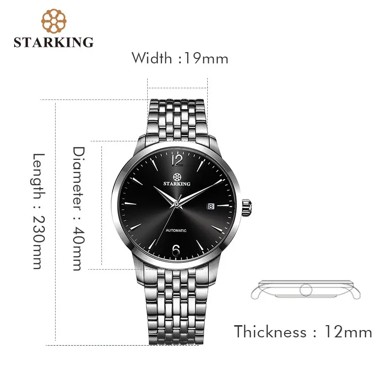 STARKING роскошные механические мужские часы автоматические черные из нержавеющей