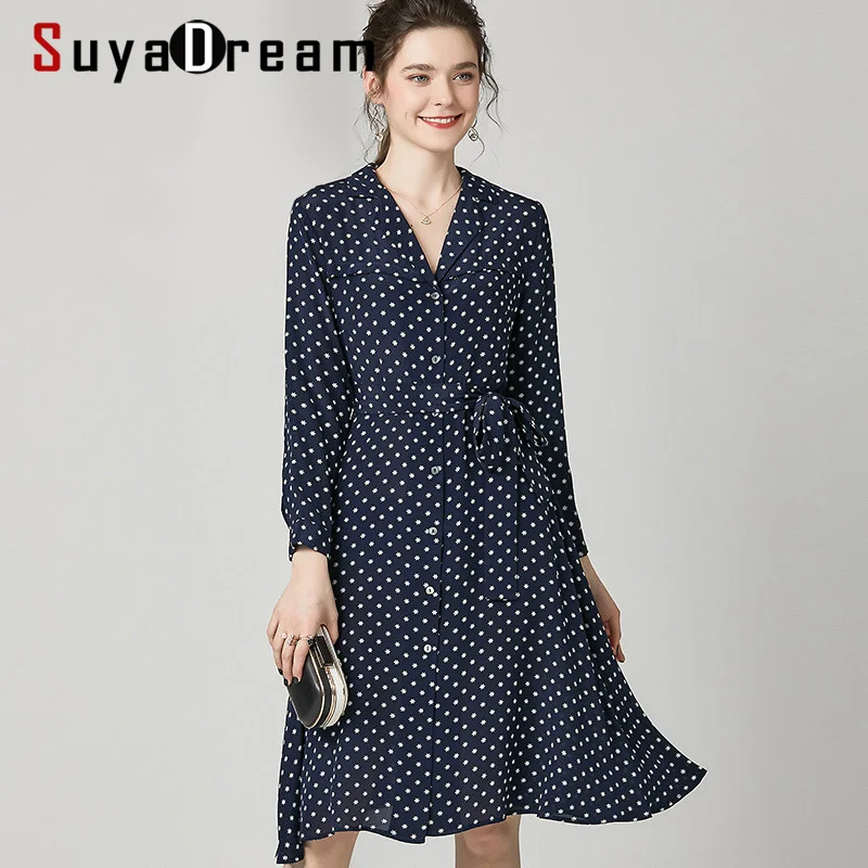 SuyaDream женское платье с поясом 100% шелк в горошек длинными рукавами отложным