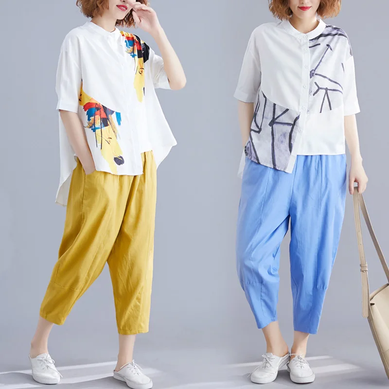 Женский комплект из 2 предметов Повседневная рубашка с асимметричным принтом и