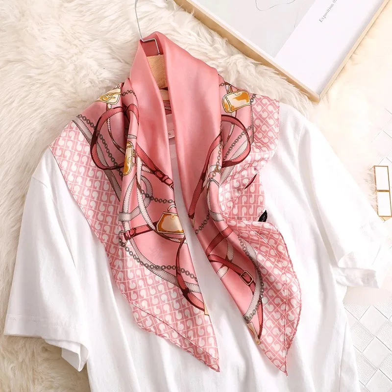 

2021 Fashion New Style Spring And Summer Beach Printing Silk Headscarf Lady Sunscreen Square Shawl Women's Quality Silk Scarves
