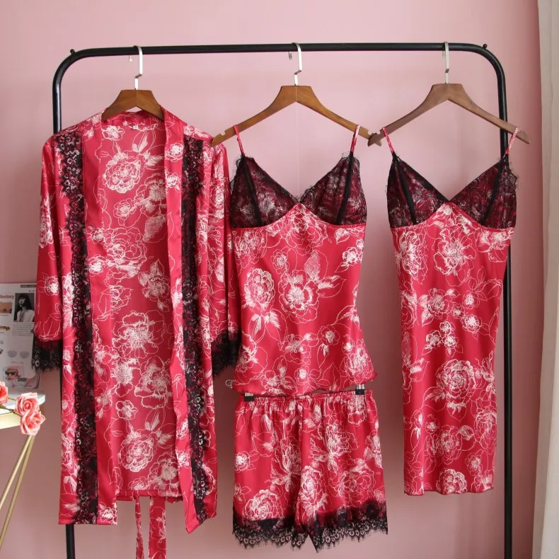 

Sweet Print Flower 4PCS Rayon Kimono Robe Gown Sets Sexy V-Neck Sleepdress Sleepwear Black Lace Flower Trim Lady Bath Nightwear