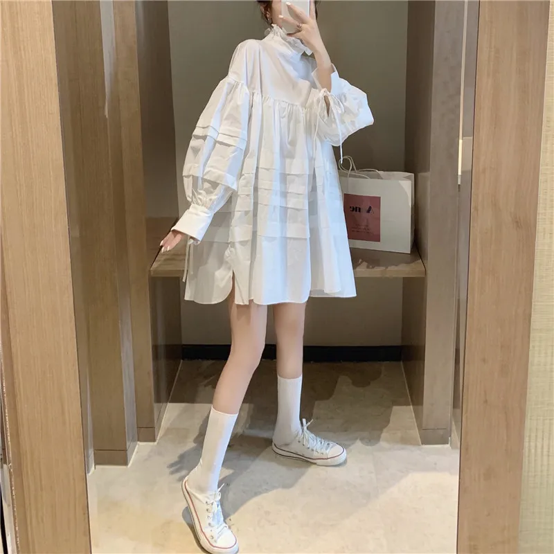 Ropa mujer осень 2019 корейская одежда женские платья милые пышные рукава Белые