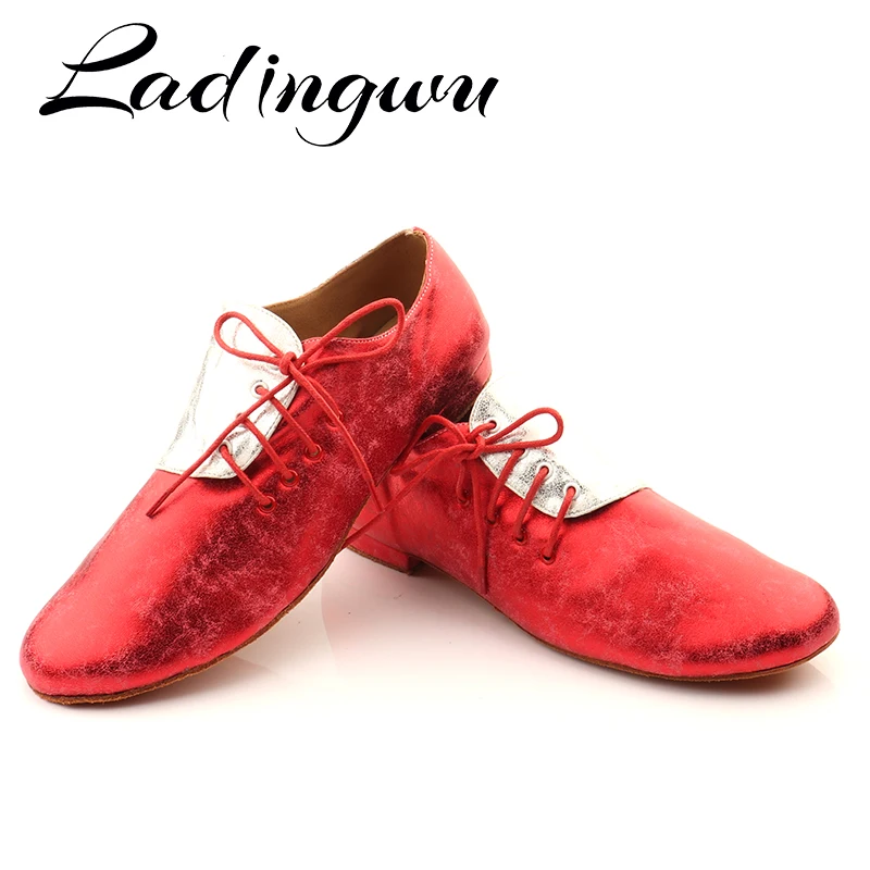 Ladingwu-zapatillas de baile para hombre, zapatos de ante modernos, calzado de baile cuadrado, Social, de salón, latino, rojo y plateado