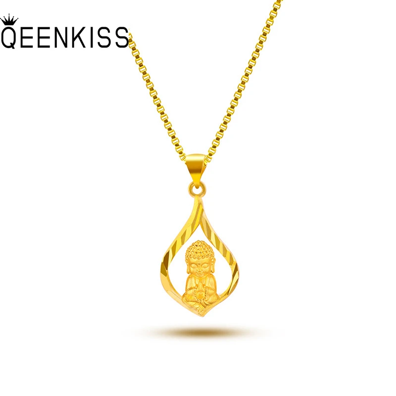 

QEENKISS NC550 2021 Fine Jewelry Wholesale Fashion Woman Girl Birthday Wedding Gift Vintage Buddha 24KT Gold Pendant Necklaces