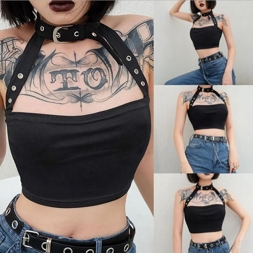 

Women's sleeveless T-shirt, pure Black Gothic clothing, sexy Street sleeveless top, 2020 women's casual top
