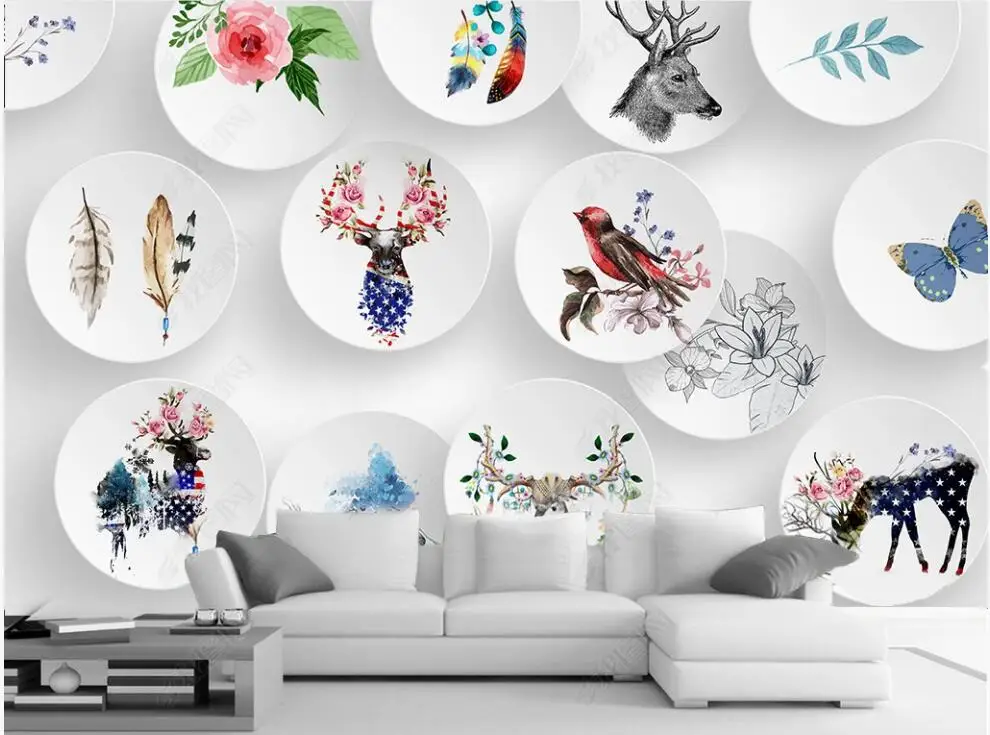

3d photo wallpaper custom mural Simple Elk Animal Birds Flowers Butterfly Feathers decor living room wallpaper for walls 3 d