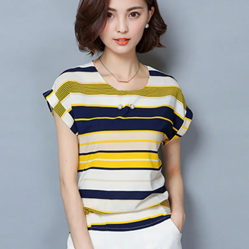 Блузка женская хлопковая с коротким рукавом Повседневная рубашка синий/красный