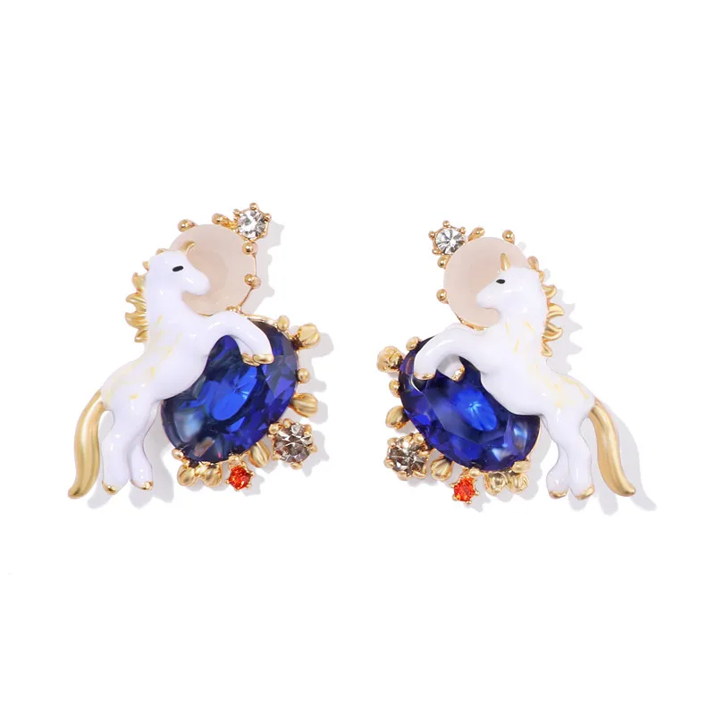 

925 silver needle fashion creative stud earrings female temperament enamel glaze white horse unicorn niche design earrings