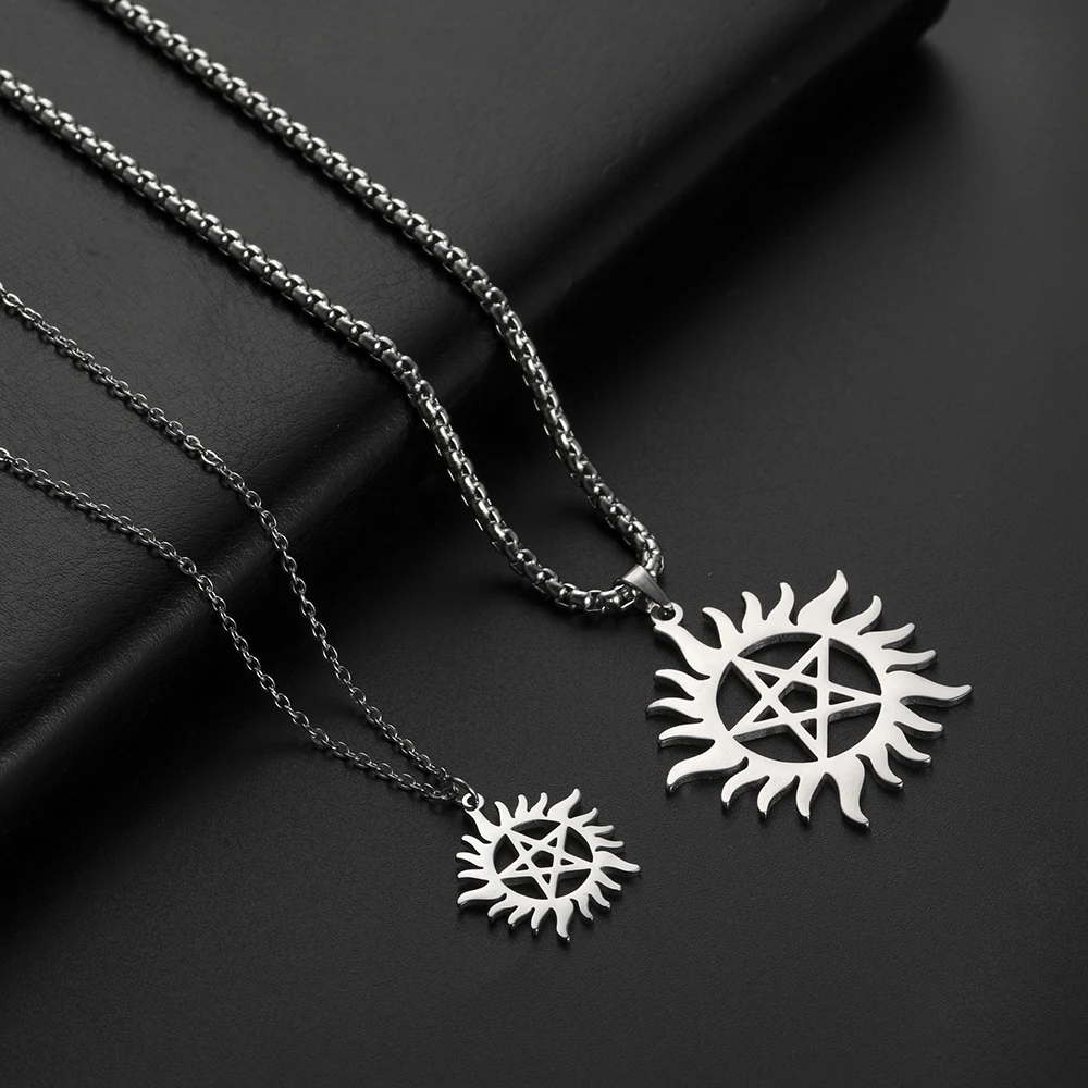 

Teamer Supernatural Pentagram Sun Pendant Necklace Women Men Stainless Steel Necklaces Statement Chain Jewelry Couple Gifts