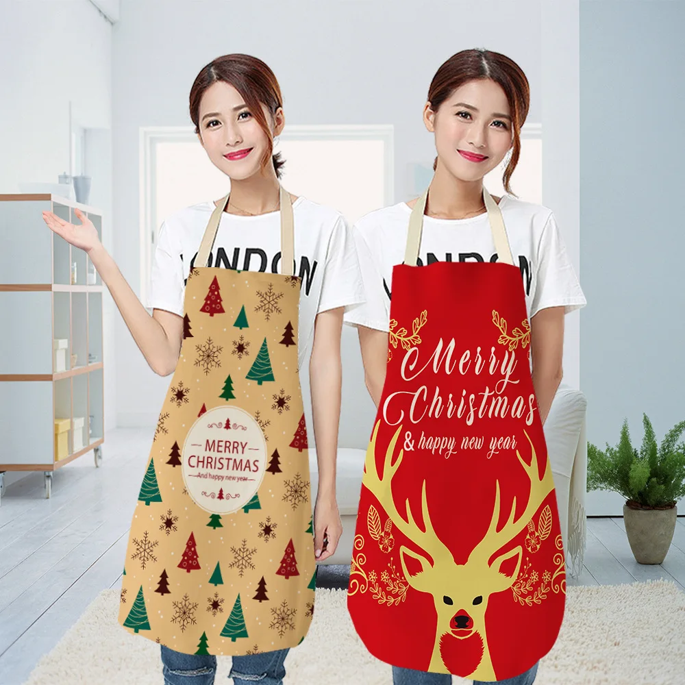 

Merry Christmas Elk Apron Linen Christmas Kitchen Cleaning Apron Women Baking Cooking Apron Christmas Decorations Delantales