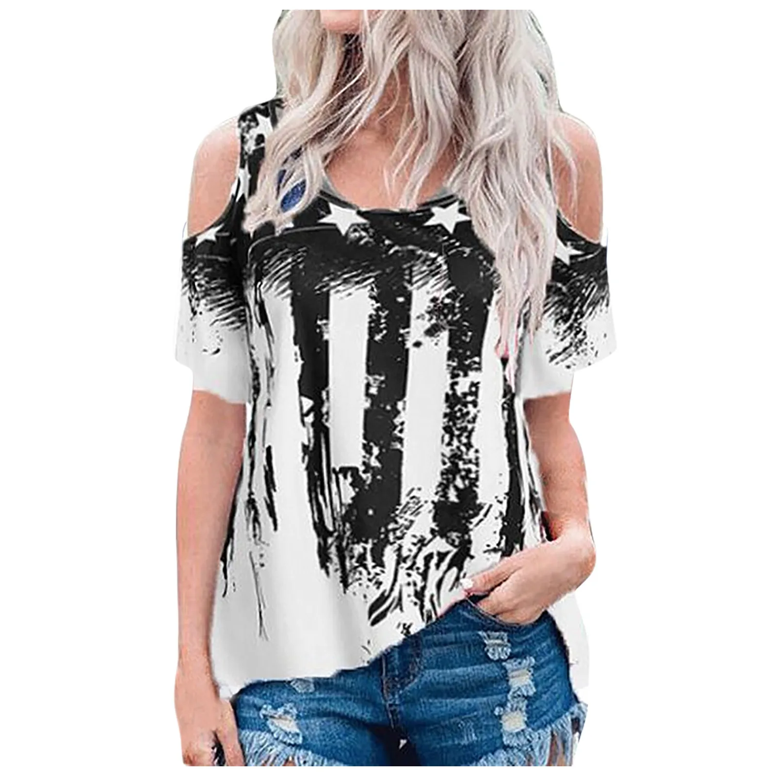 

American Usa Flag Blouse And Tops Women Summer Stars Stripe Print Tops Short Sleeves Sexy Cold Shoulder Blouses Tunic
