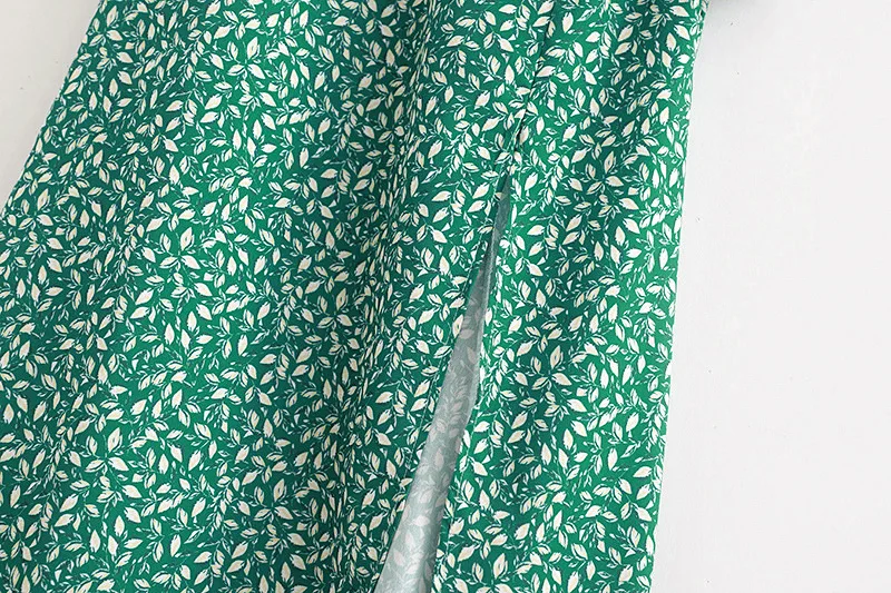 

2021 new Green Floral Dress Women Autumn Winter Slit Long Maxi Dress Leaf Print Dress