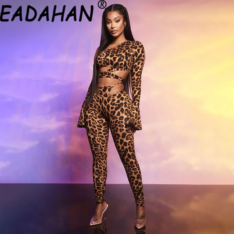 

Eadahan 2021 FASHION New Women's Leopard Print Slanted Shoulder Irregular Hollow T-shirt Slim Fit Two-Piece Pants