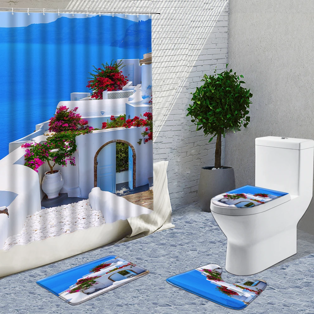 

Santorini Island Landscape Shower Curtains 4pcs Sets Greece Scenery Bathroom Decor Hook Shower Curtain Set Bath Mats Rugs Carpet