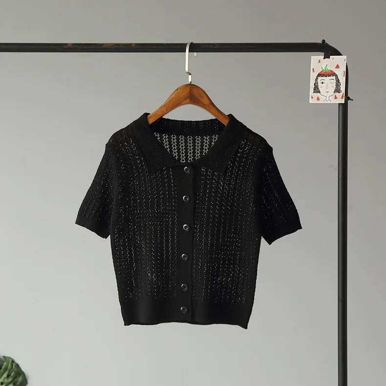 

College style summer women's Exquisite Hook Flower Lapel Button short-sleeved knit t-shirt