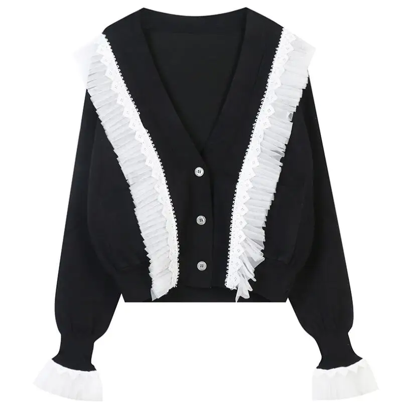 

2021 Autumn Winter Sweater For Women V-Neck Loose Mesh Stitching Single-breasted Cardigan Women Knit Coat Female Warm Tops w684