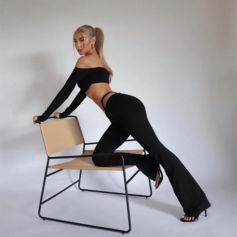 

Women Two Piece Set Long Sleeve Crop Top Off Shoulder Hollow Out High Waist Pants Bodycon Sexy Outfits High Street Wear