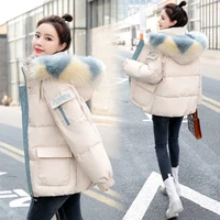 new korean loose women winter thicken bread jacket patchwork wide waisted young style students fur parka with hood colorful