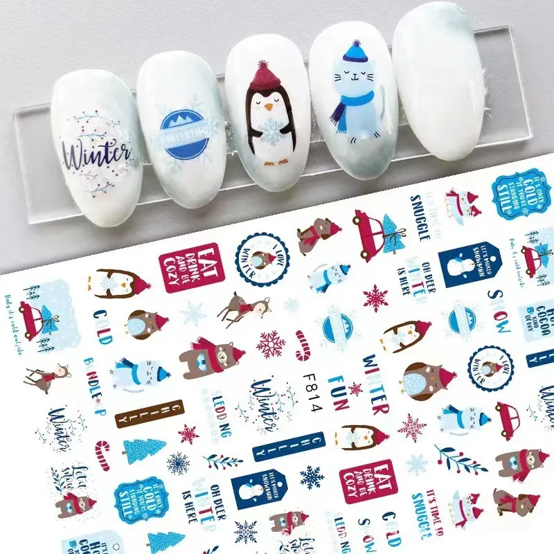 

2 Sheets/lot Winter Festival Christmas Halloween Snowman Deer X'mas Tree Press on Adhesive Nail Art Sticker Decals Manicure Tips