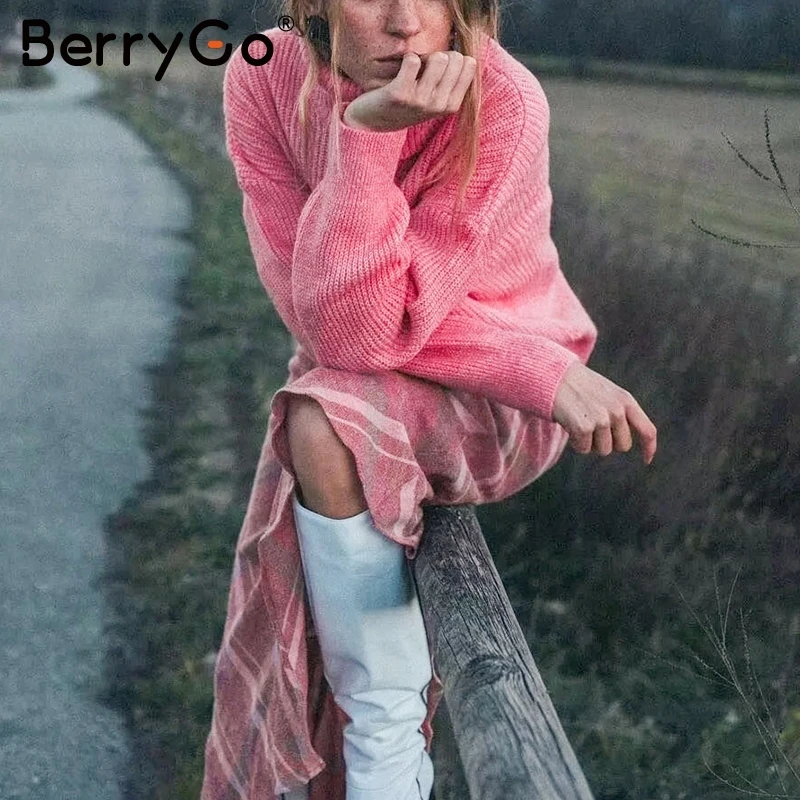 BerryGo Turtleneck women knitted sweaters Autumn winter pink female pullover jumpers Streetwear oversize ladies pure | Женская одежда